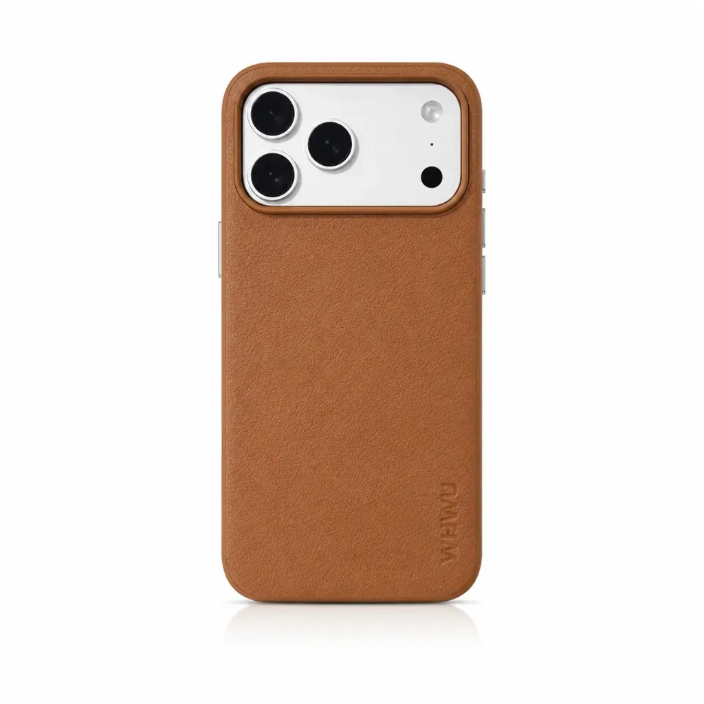 WHWU Premium Litchi Textured Leather Cover with Protective Camera Frame For iPhone 17 Pro Max - درع موبايل جلدي ناعم بنقشة الليتشي من مع إطار حماية للكاميرا للايفون 17 برو ماكس (Brown)