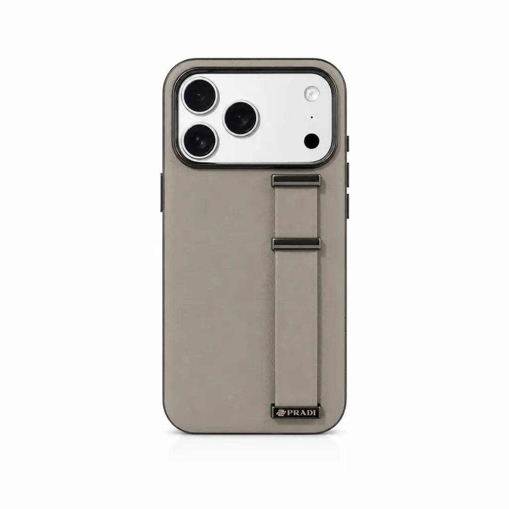 PRADI Premium Leather Cover with Elegant Hand Strap Grip & Metal Buckles For iPhone 17 Pro Max - درع موبايل جلدي فاخر من برادي مع حزام يد أنيق بمشابك معدنية للايفون 17 برو ماكس
