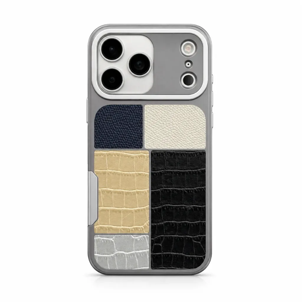 Executive Mosaic Leather Patchwork Cover with Metallic Camera Frame For iPhone 17 Pro Max - درع موبايل جلدي تنفيذي بتصميم فسيفسائي مُقسّم مع إطار كاميرا معدني للايفون 17 برو ماكس