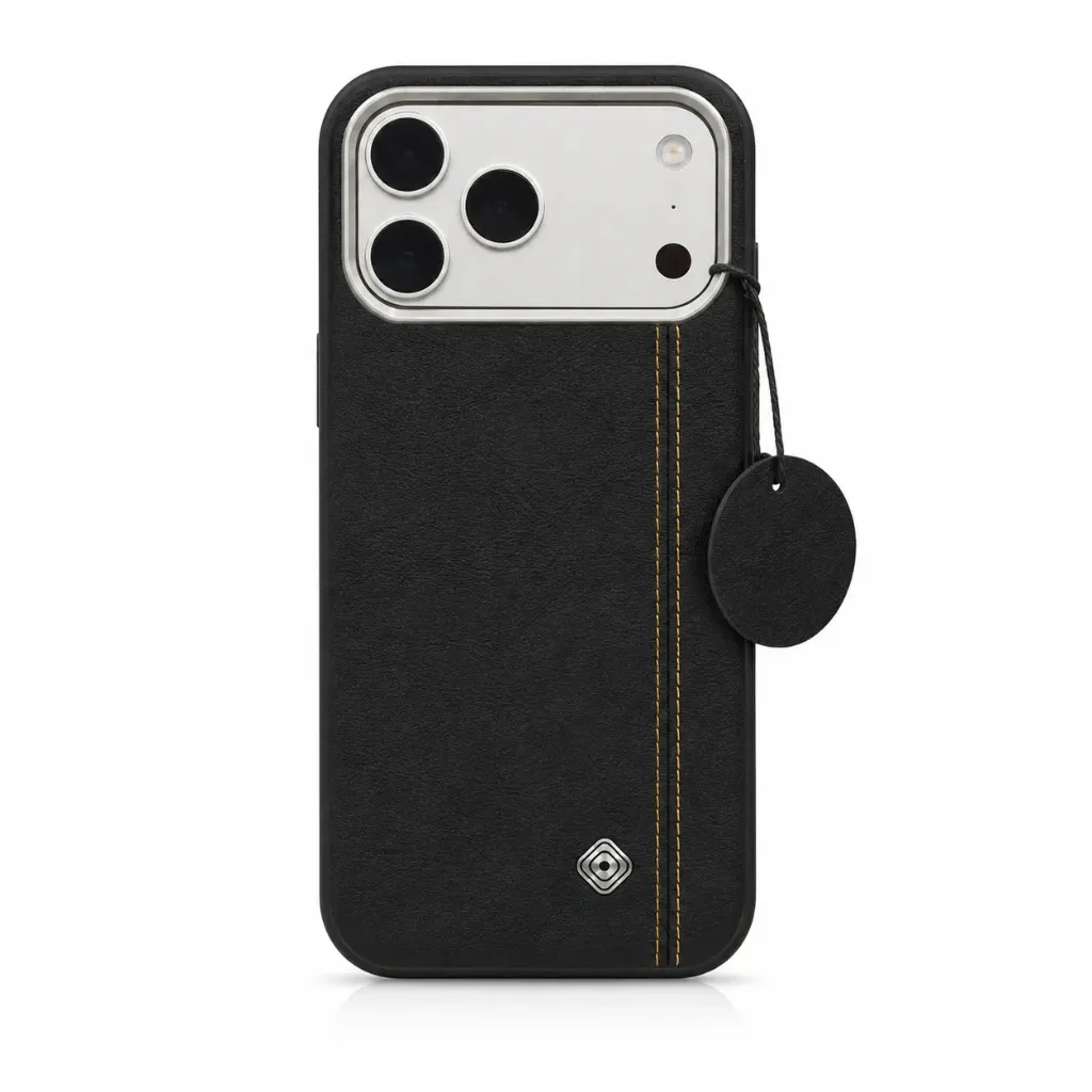 MMkio Signature Stitched Leather Cover with Elegant Tag & Metallic Frame For iPhone 17 Pro Max - درع موبايل جلدي فاخر بخياطة طولية مميزة وميدالية تعليق مع إطار كاميرا معدني للايفون 17 برو ماكس (Black)