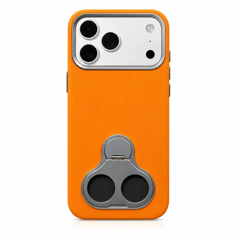 Max Level Deluxe Leather Cover with Unique Folding Metal Kickstand For iPhone 17 Pro Max - درع موبايل جلدي مع ستاند معدني مبتكر قابل للطي للايفون 17 برو ماكس