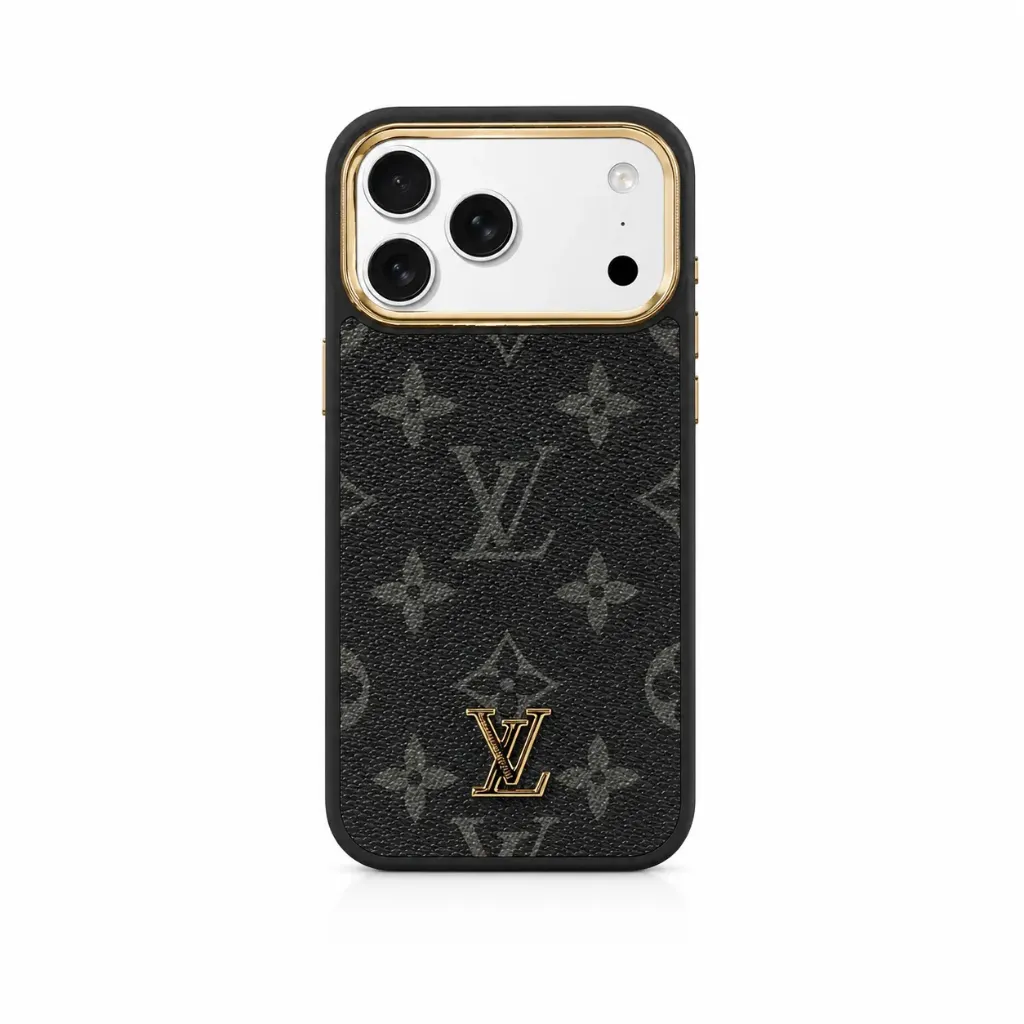 [6972158730501] Louis Vuitton Luxurious Monogram Cover with Metallic Gold Camera Frame For iPhone 17 Pro Max - درع موبايل راقي بنقشة مونوجرام لويس فيتون مع إطار كاميرا ذهبي معدني للايفون 17 برو ماكس
