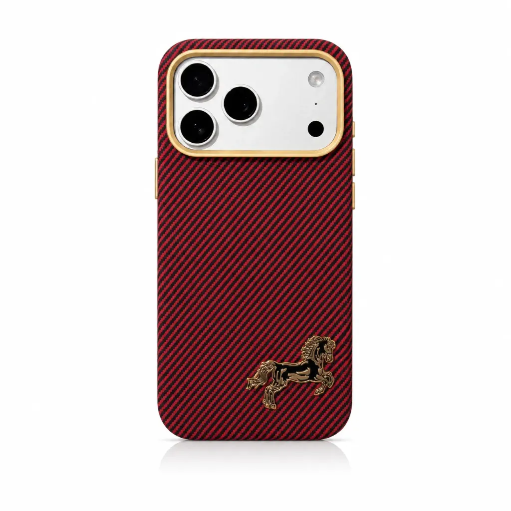 Sibling Carbon Fiber Texture Cover with Golden Horse Emblem & Metallic Camera Frame For iPhone 17 Pro Max - درع موبايل بنقشة كاربون فايبر مع شعار الحصان الذهبي وإطار كاميرا معدني للايفون 17 برو ماكس