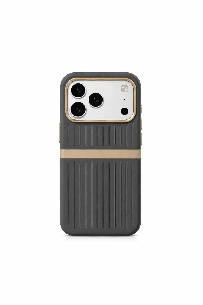 BIGC Luxury Ribbed Leather Cover with Gold Accents For iPhone 17 Pro Max - درع موبايل جلدي فاخر بنقشة مضلعة مع لمسات ذهبية معدنية للايفون 17 برو ماكس