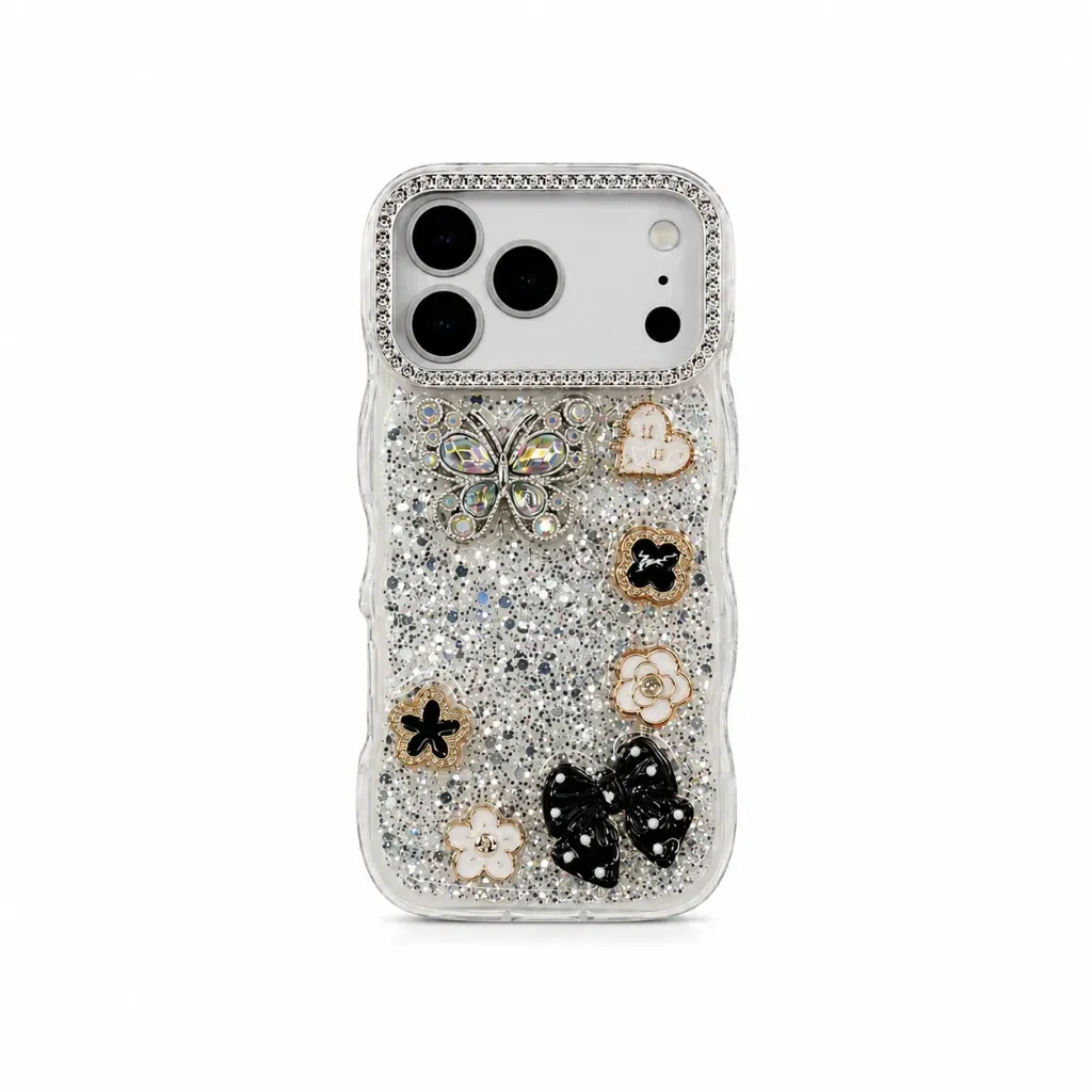 Luxury Sparkly Glitter Cover Set with PopSocket & Phone Charm For iPhone 17 Pro Max - درع موبايل برّاق فاخر مع طقم مسكة ومدالية للايفون 17 برو ماكس