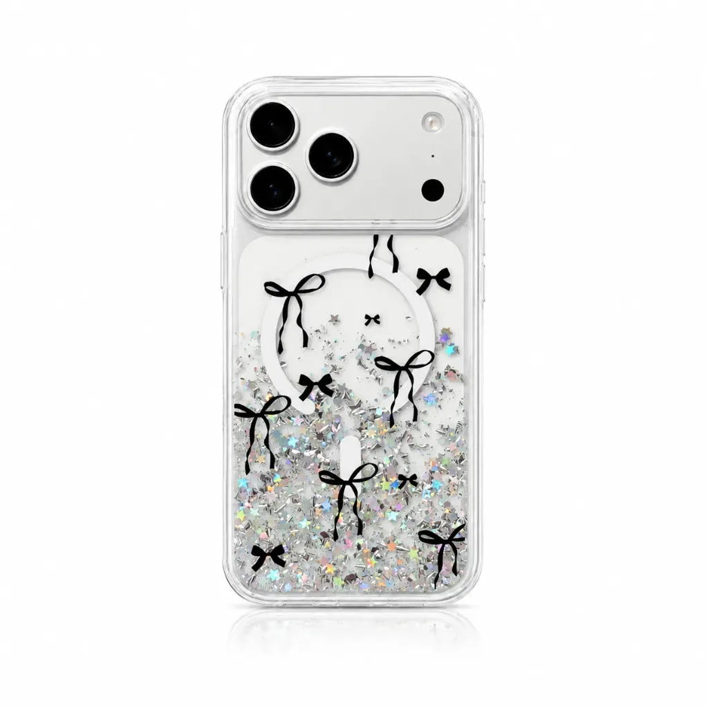 DFANS DFA-49 Clear Floral & Bow Glitter MagSafe TPU Cover Collection For iPhone 17 Pro Max - درع موبايل لماع مع نقشات الزهور والفيونكة ويدعم ماك سيف للايفون 17 برو ماكس