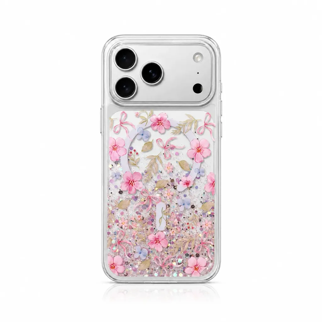 DFANS DFA-49 Clear Floral & Bow Glitter MagSafe TPU Cover Collection For iPhone 17 Pro Max - درع موبايل لماع مع نقشات الزهور والفيونكة ويدعم ماك سيف للايفون 17 برو ماكس