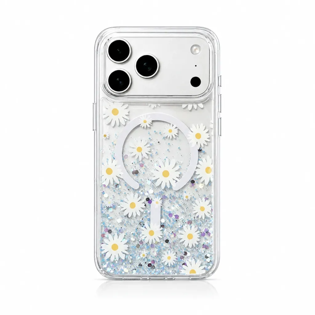 DFANS DFA-49 Clear Floral & Bow Glitter MagSafe TPU Cover Collection For iPhone 17 Pro Max - درع موبايل لماع مع نقشات الزهور والفيونكة ويدعم ماك سيف للايفون 17 برو ماكس