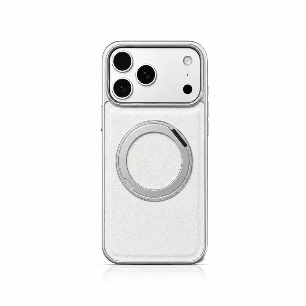 MMkio RY-018 Leather Cover Collection with 360° Rotating Ring Kickstand For iPhone 17 Pro Max - درع موبايل جلدي مع إطار صلب وحلقة ستاند دوارة 360 درجة للايفون 17 برو ماكس