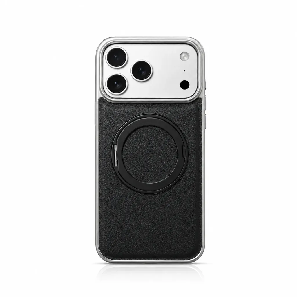 MMkio RY-018 Leather Cover Collection with 360° Rotating Ring Kickstand For iPhone 17 Pro Max - درع موبايل جلدي مع إطار صلب وحلقة ستاند دوارة 360 درجة للايفون 17 برو ماكس (BLACK)