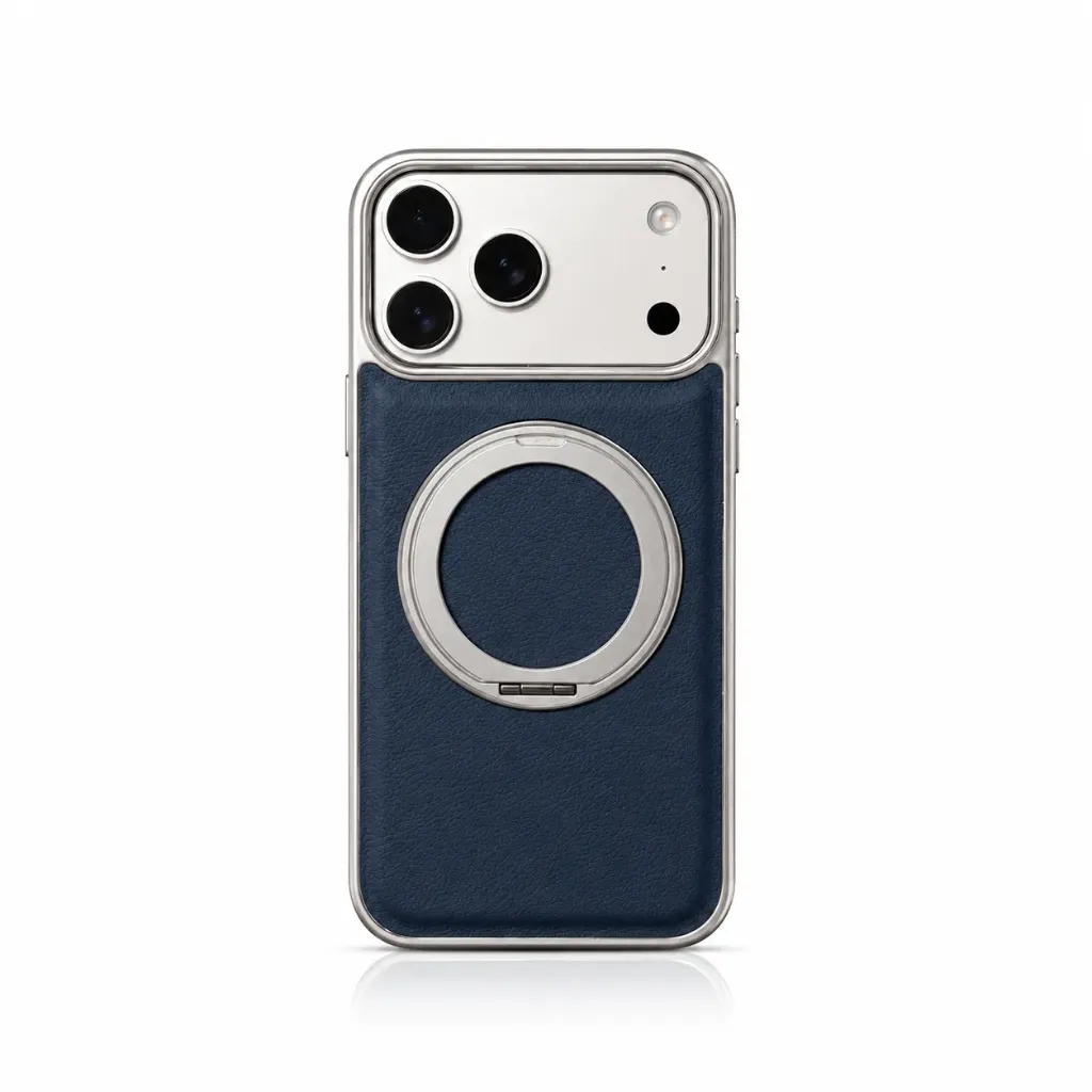 MMkio RY-018 Leather Cover Collection with 360° Rotating Ring Kickstand For iPhone 17 Pro Max - درع موبايل جلدي مع إطار صلب وحلقة ستاند دوارة 360 درجة للايفون 17 برو ماكس