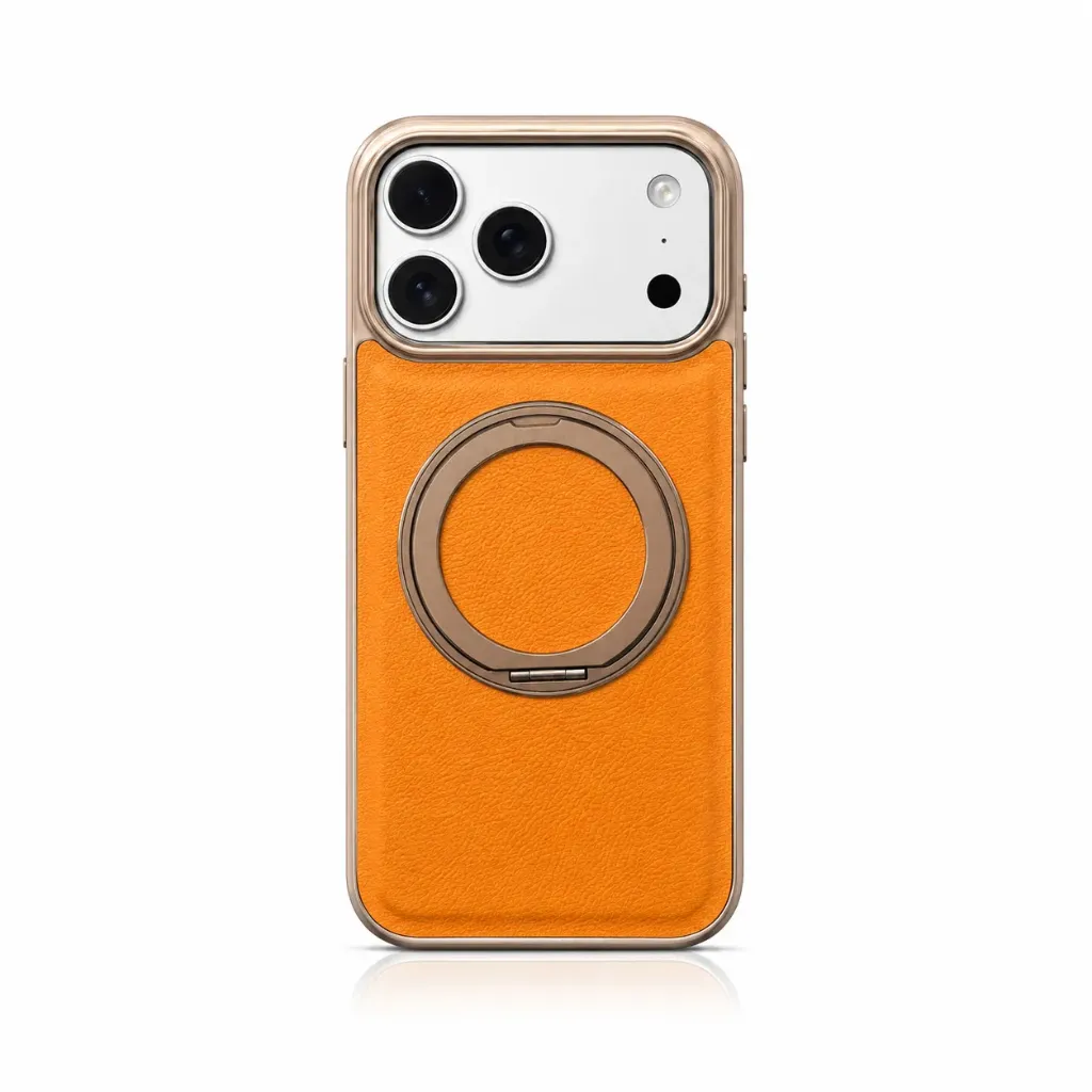 MMkio RY-018 Leather Cover Collection with 360° Rotating Ring Kickstand For iPhone 17 Pro Max - درع موبايل جلدي مع إطار صلب وحلقة ستاند دوارة 360 درجة للايفون 17 برو ماكس