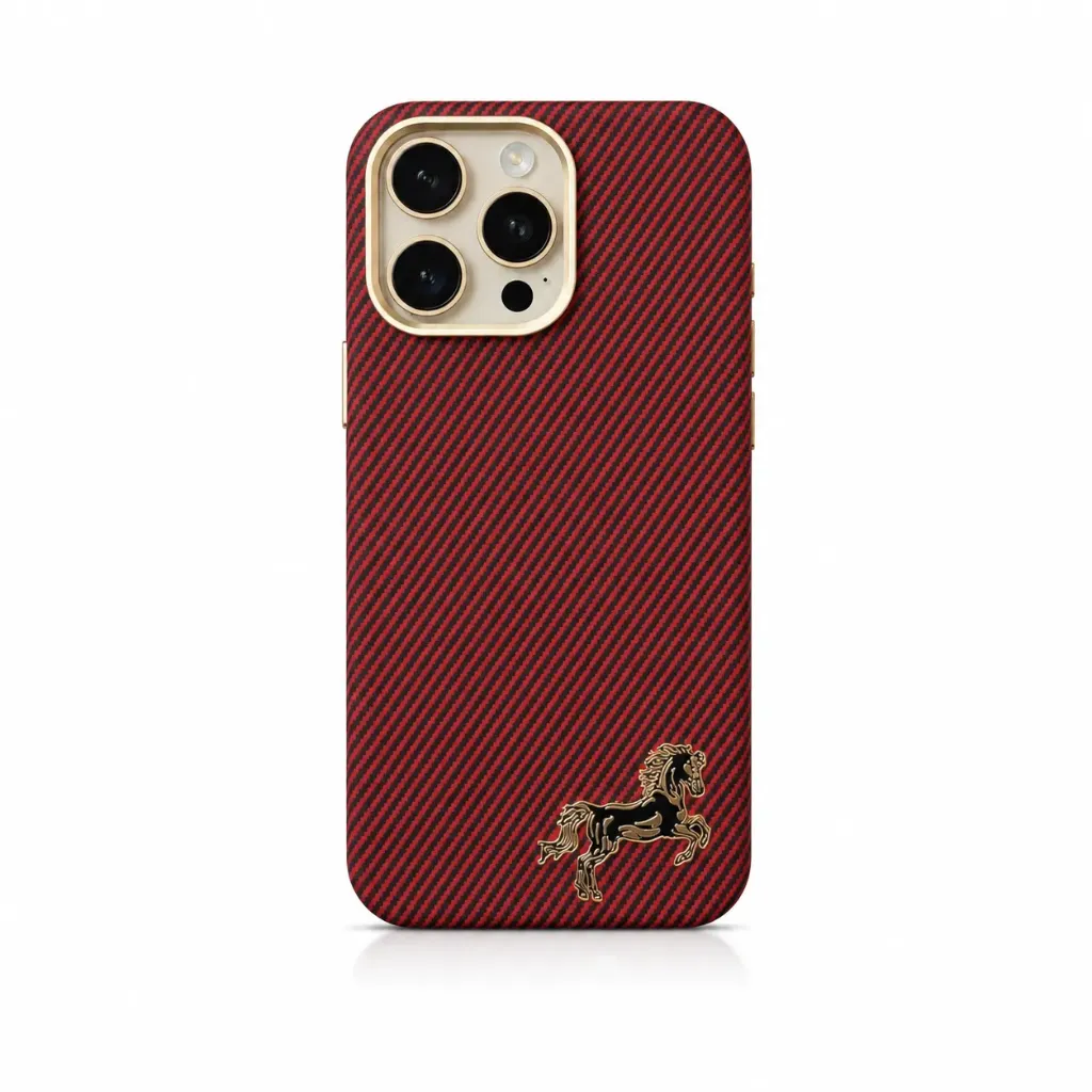 Sibling Carbon Fiber Style Cover Collection with Horse Emblem For iPhone 16 Pro Max - درع موبايل بمظهر ألياف الكربون مع شعار الحصان الذهبي للايفون 16 برو ماكس