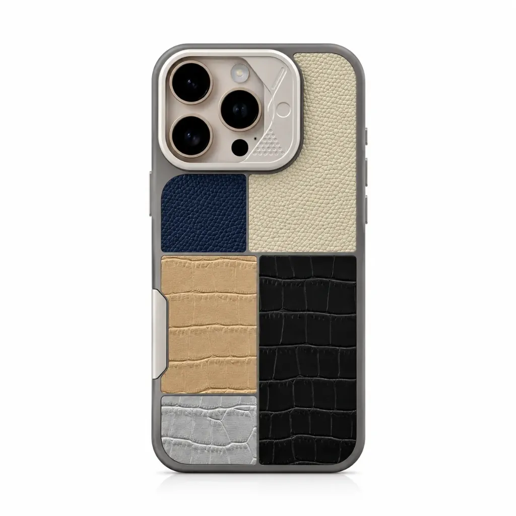 Premium Patchwork Multi-Texture Leather Cover For iPhone 16 Pro Max - درع موبايل جلدي بتصميم قطع ملونة متداخلة وملمس بارز للايفون 16 برو ماكس (Silver)