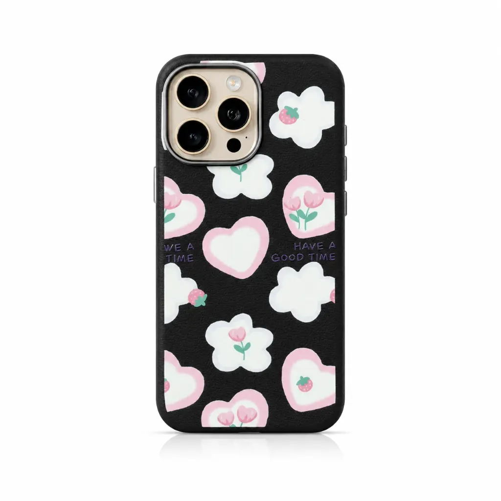 Cute Flower & Heart Leather Style Cover For iPhone 16 Pro Max - درع موبايل جلدي برسومات الأزهار والقلوب للايفون 16 برو ماكس