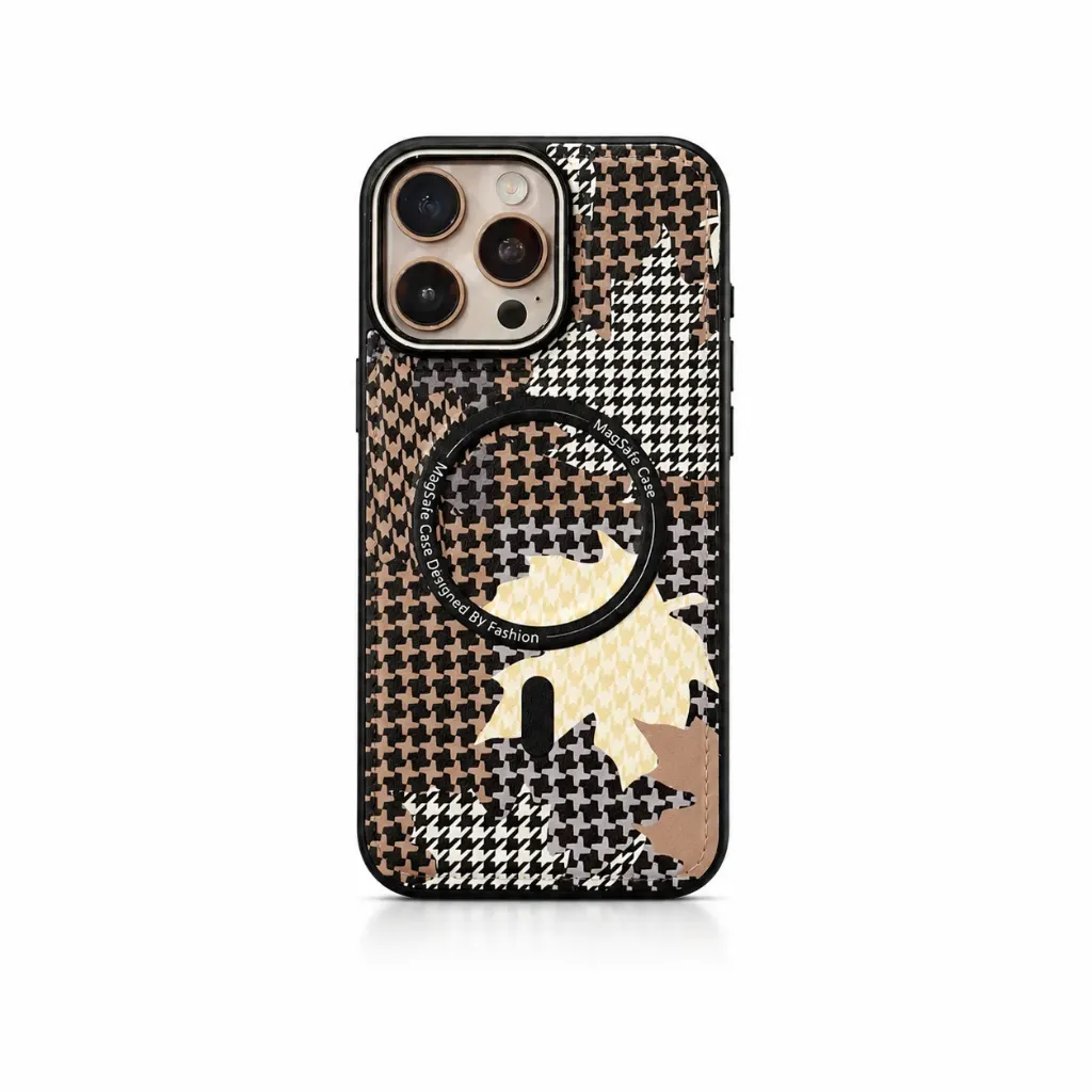 Houndstooth Pattern Maple Leaf MagSafe Cover For iPhone 16 Pro Max - درع موبايل جلدي بنقشة الهوندزتوث وأوراق الخريف مع دعم ماك سيف للايفون 16 برو ماكس