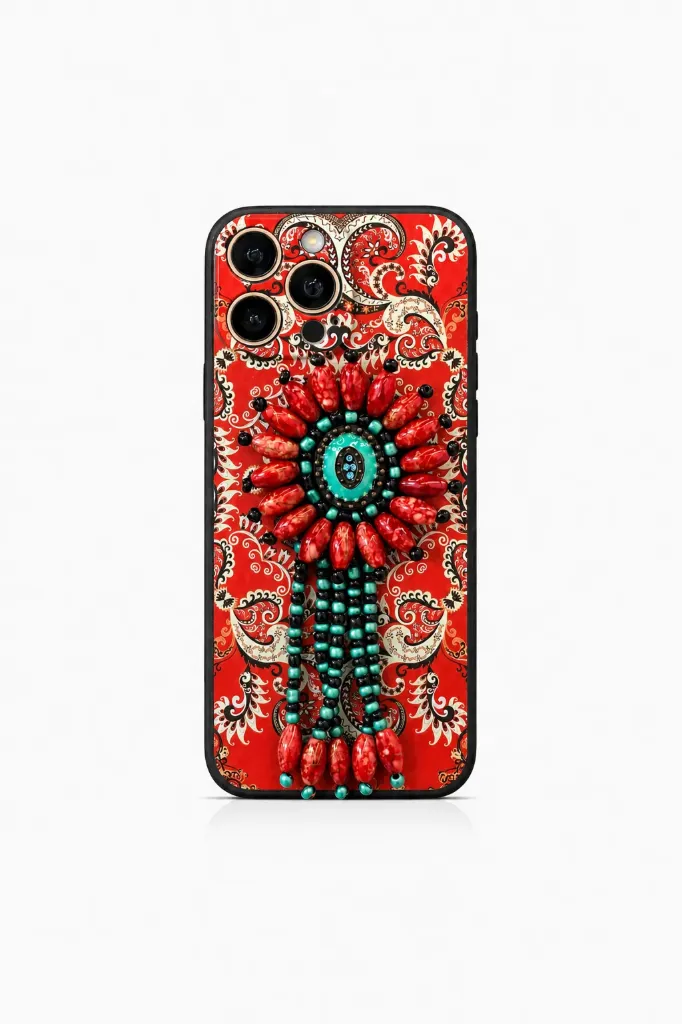 Boho Ethnic Paisley Cover with Beaded Tassel Ornament For iPhone 16 Pro Max - درع موبايل بتصميم بوهيمي مزخرف مع مجسم خرز متدلي للايفون 16 برو ماكس