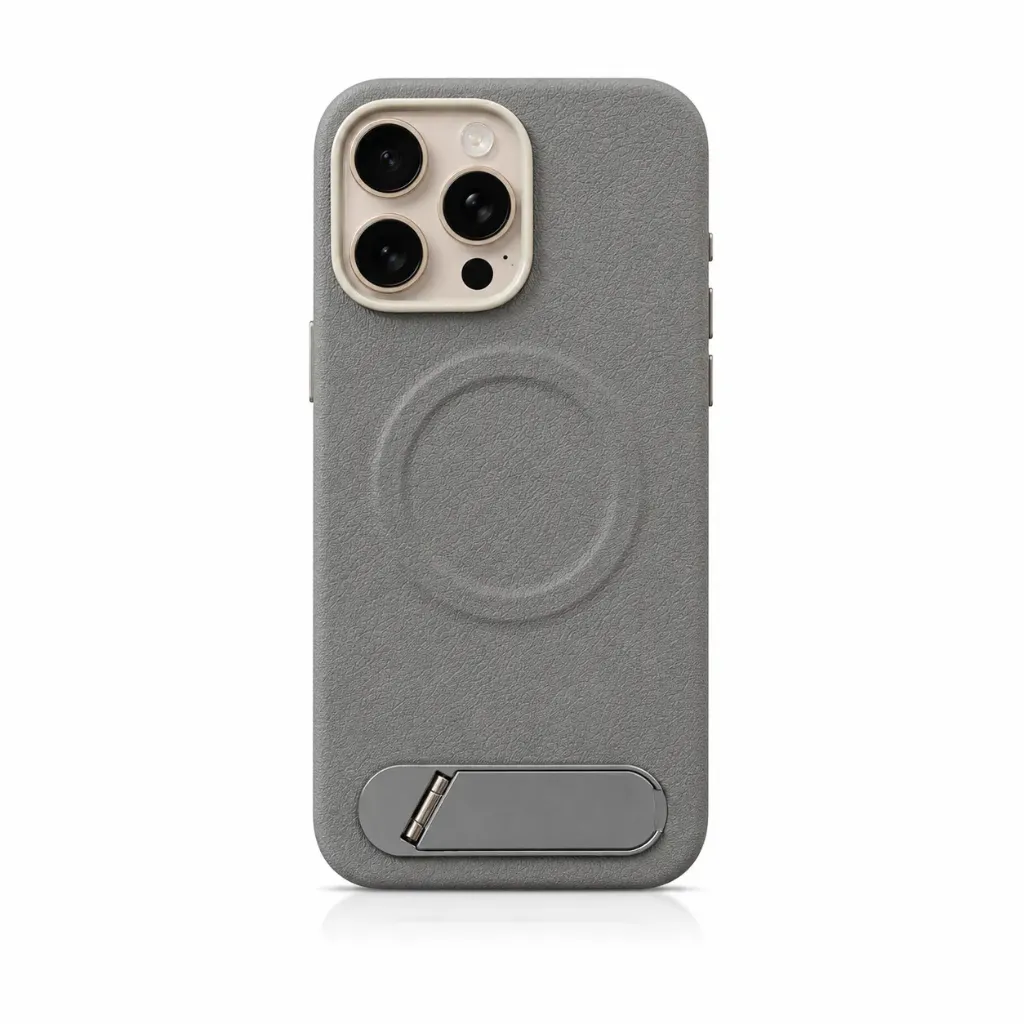 SkyArmor Premium Leather MagSafe Cover with Foldable Metal Stand For iPhone 16 Pro Max - درع موبايل جلدي فاخر مزود بقاعدة معدنية قابلة للطي ودعم ماك سيف للايفون 16 برو ماكس (Silver)