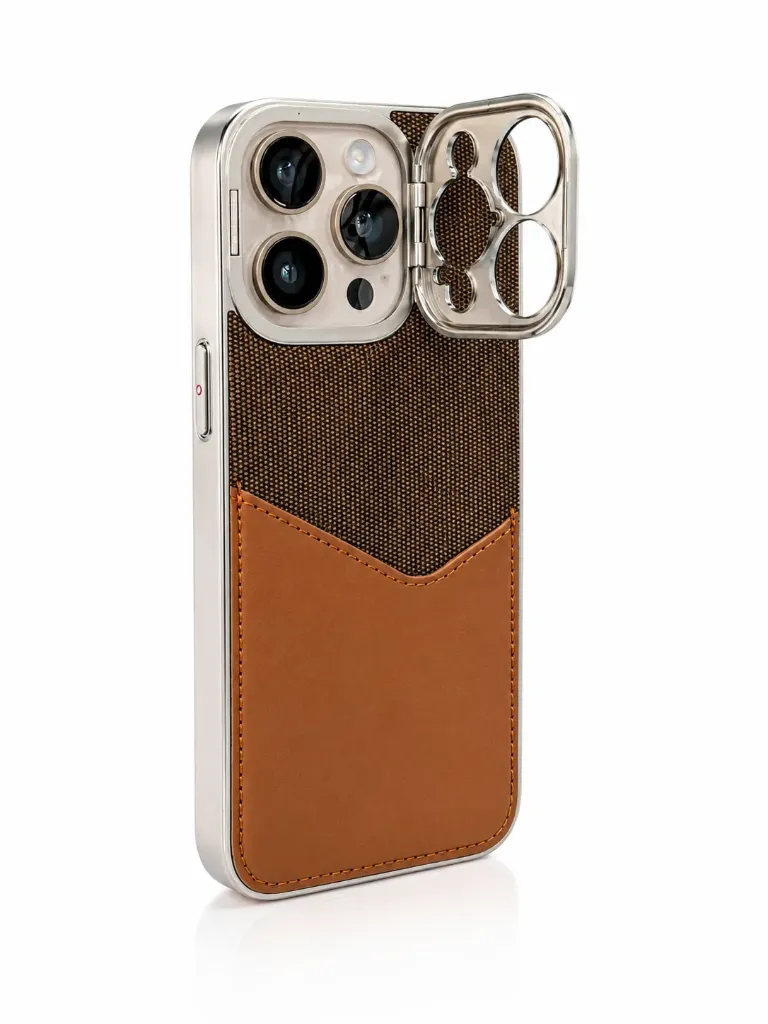 Dual-Texture Leather & Canvas Cover with Folding Camera Lens Ring Stand For iPhone 16 Pro Max - درع موبايل فاخر بمزيج الجلد والقماش مزود بحلقة حماية الكاميرا القابلة للطي كقاعدة للايفون 16 برو ماكس