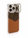 Dual-Texture Leather & Canvas Cover with Folding Camera Lens Ring Stand For iPhone 16 Pro Max - درع موبايل فاخر بمزيج الجلد والقماش مزود بحلقة حماية الكاميرا القابلة للطي كقاعدة للايفون 16 برو ماكس