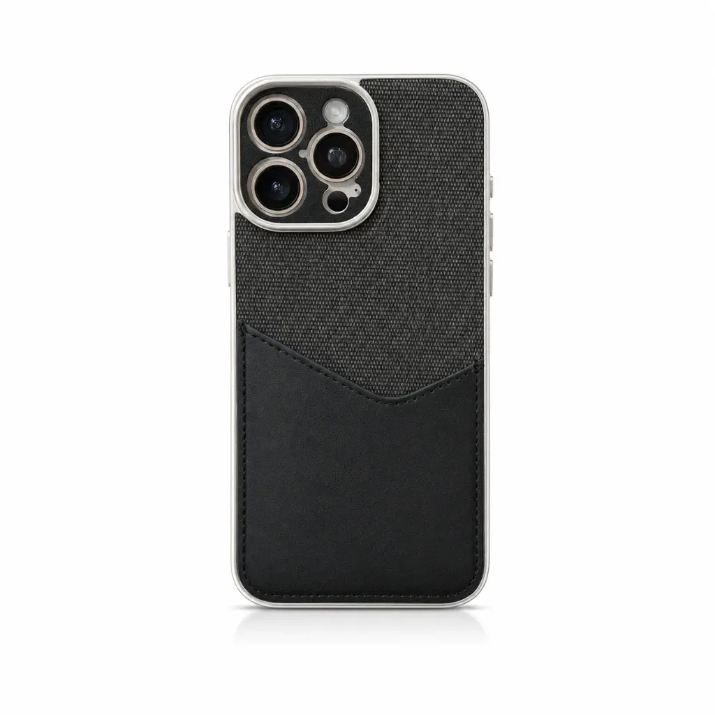 Dual-Texture Leather & Canvas Cover with Folding Camera Lens Ring Stand For iPhone 16 Pro Max - درع موبايل فاخر بمزيج الجلد والقماش مزود بحلقة حماية الكاميرا القابلة للطي كقاعدة للايفون 16 برو ماكس (Black)