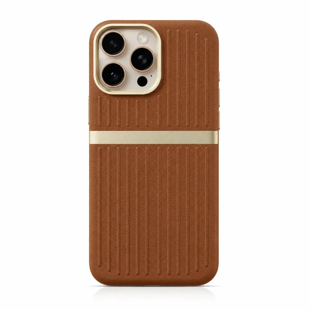 BIGC Ribbed Grooved Leather Cover with Metallic Accent Line For iPhone 16 Pro Max - درع موبايل جلدي مضلع بتصميم خطوط طولية وفصل معدني للايفون 16 برو ماكس (Brown)