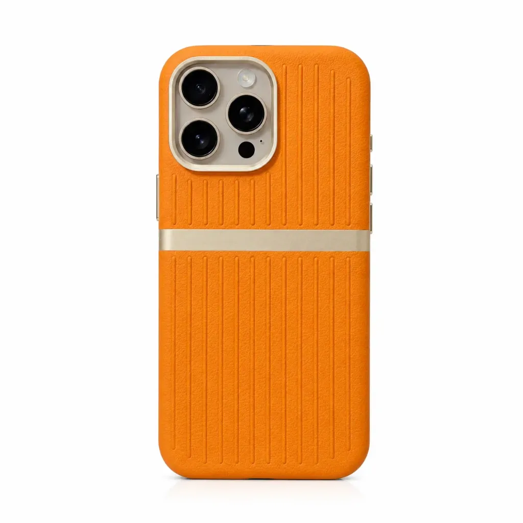 BIGC Ribbed Grooved Leather Cover with Metallic Accent Line For iPhone 16 Pro Max - درع موبايل جلدي مضلع بتصميم خطوط طولية وفصل معدني للايفون 16 برو ماكس