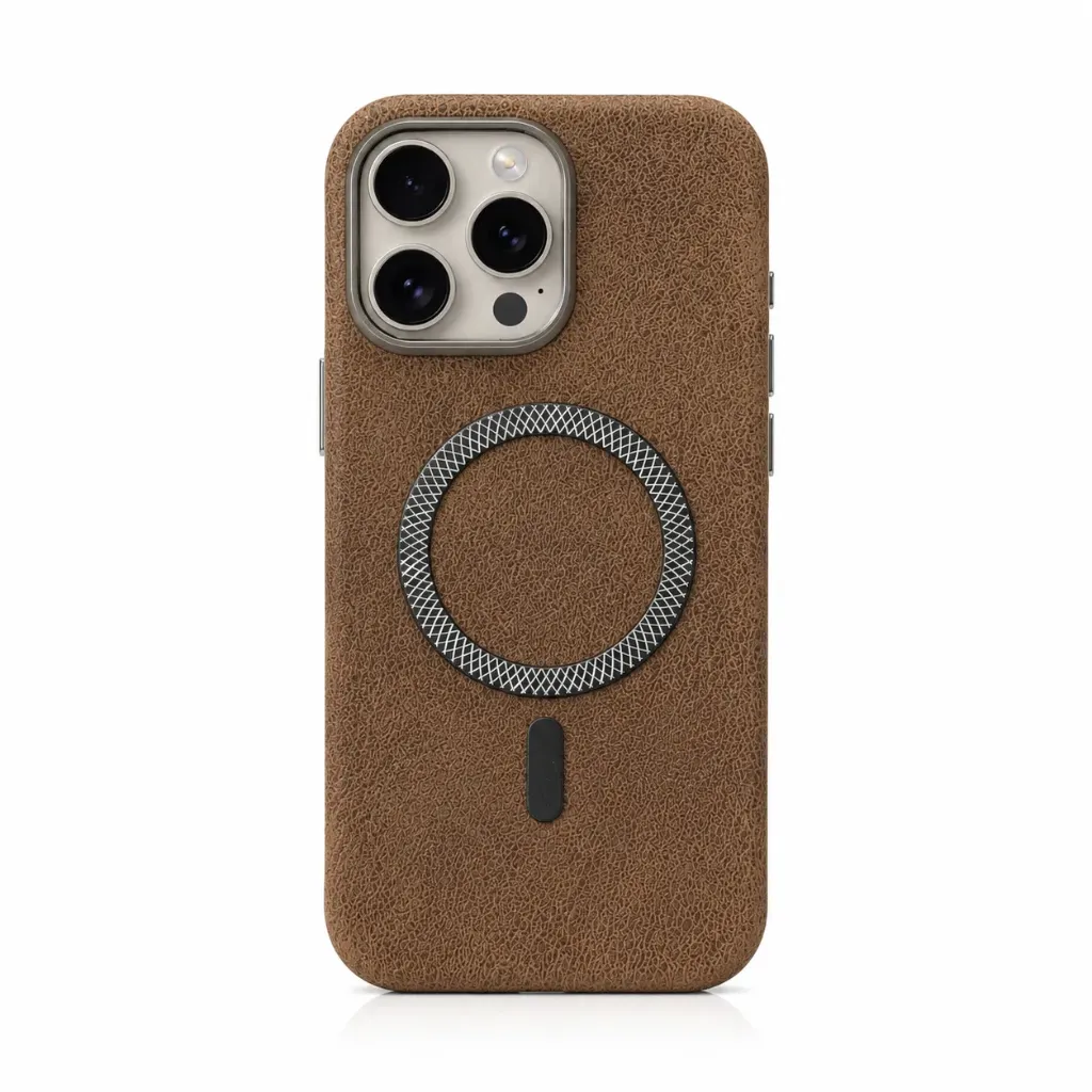 MOKA Textured Grain Leather MagSafe Cover with Diamond-Cut Ring For iPhone 16 Pro Max - درع موبايل جلدي بملمس محبب بارز وحلقة ماك سيف بنقشة مضلعة للايفون 16 برو ماكس