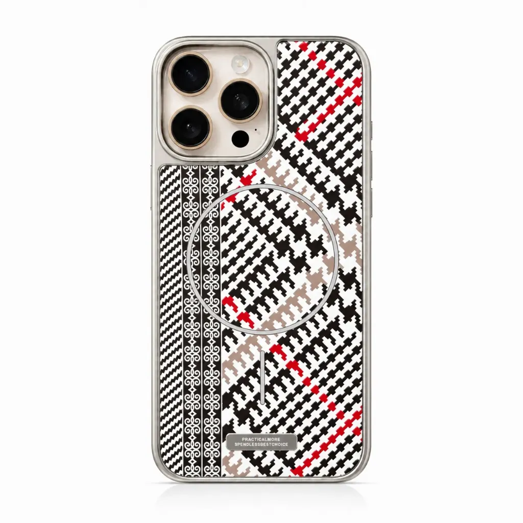 Arabic Fabric Shemagh Style MagSafe Cover For iPhone 16 Pro Max - درع موبايل بقماش الشماغ العربي مع دعم ماك سيف للايفون 16 برو ماكس (Beige & Red Touch)