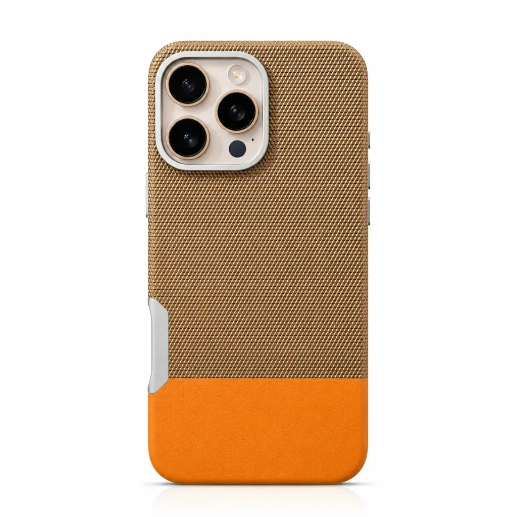 Dual-Material Woven Fabric & Leather MagSafe Cover For iPhone 16 Pro Max - درع موبايل فاخر بمزيج القماش المنسوج والجلد مع دعم ماك سيف للايفون 16 برو ماكس (Hidden MagSafe)