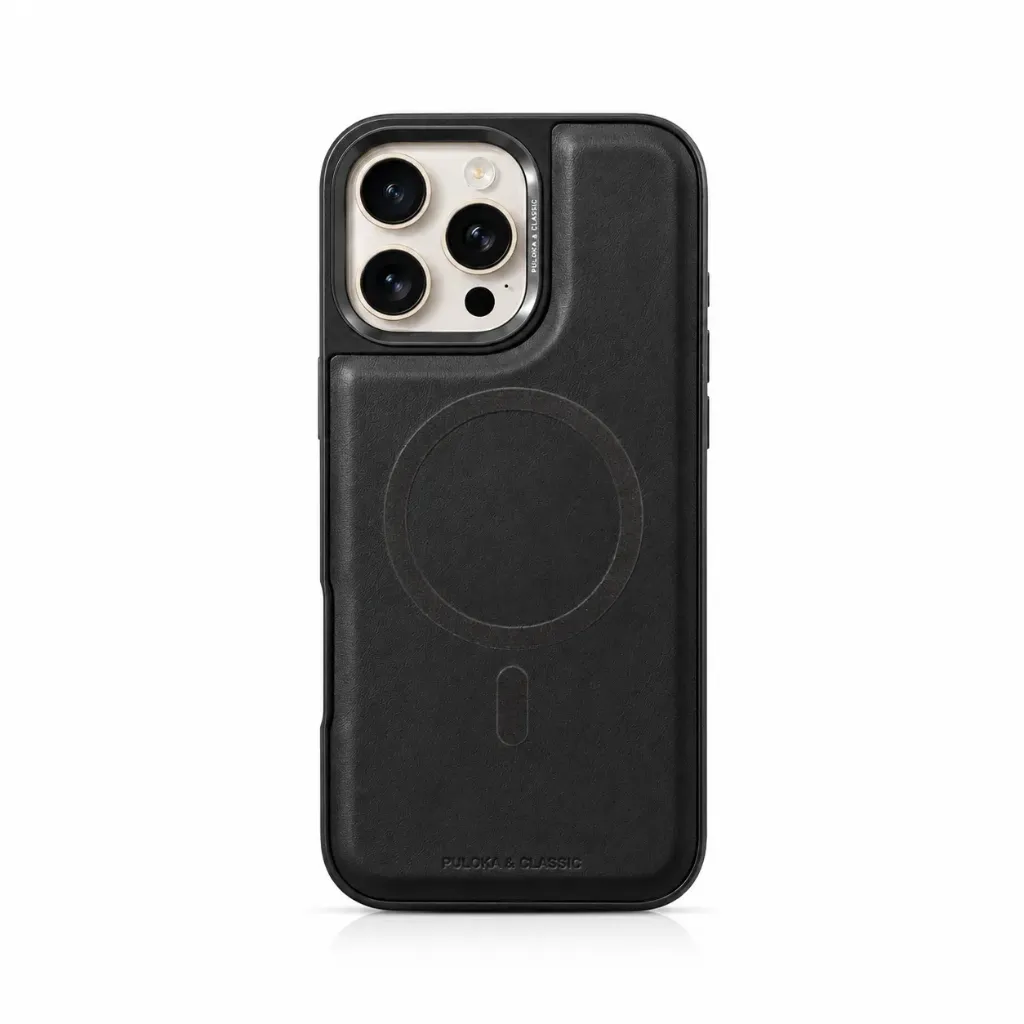 Puloka & Classic Leather MagSafe Cover For iPhone 16 Pro Max - درع موبايل جلدي فاخر من بولوكا أند كلاسيك مع دعم ماك سيف للايفون 16 برو ماكس (Black)