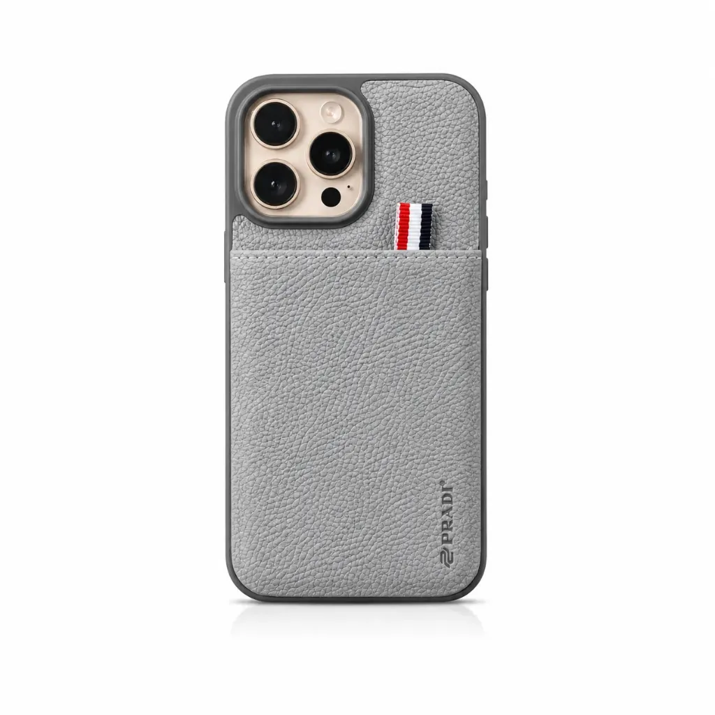 PRADI Textured Leather Card Holder Cover with Stripe Tag For iPhone 16 Pro Max - درع موبايل جلدي بملمس محبب مع جيب بطاقات وشريط ملون للايفون 16 برو ماكس