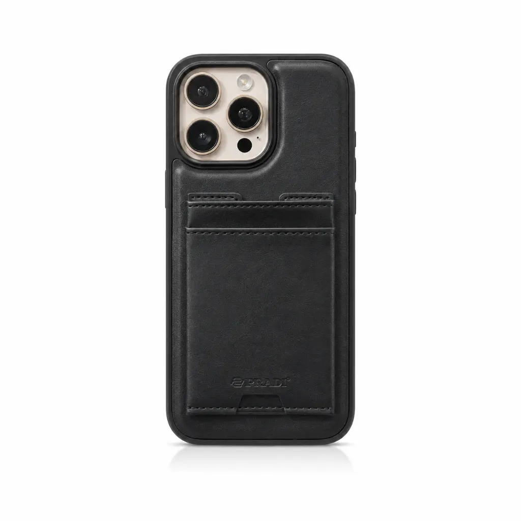 PRADI Leather Card Holder Cover For iPhone 16 Pro Max - درع موبايل جلدي مع جيب بطاقات للايفون 16 برو ماكس (Black)