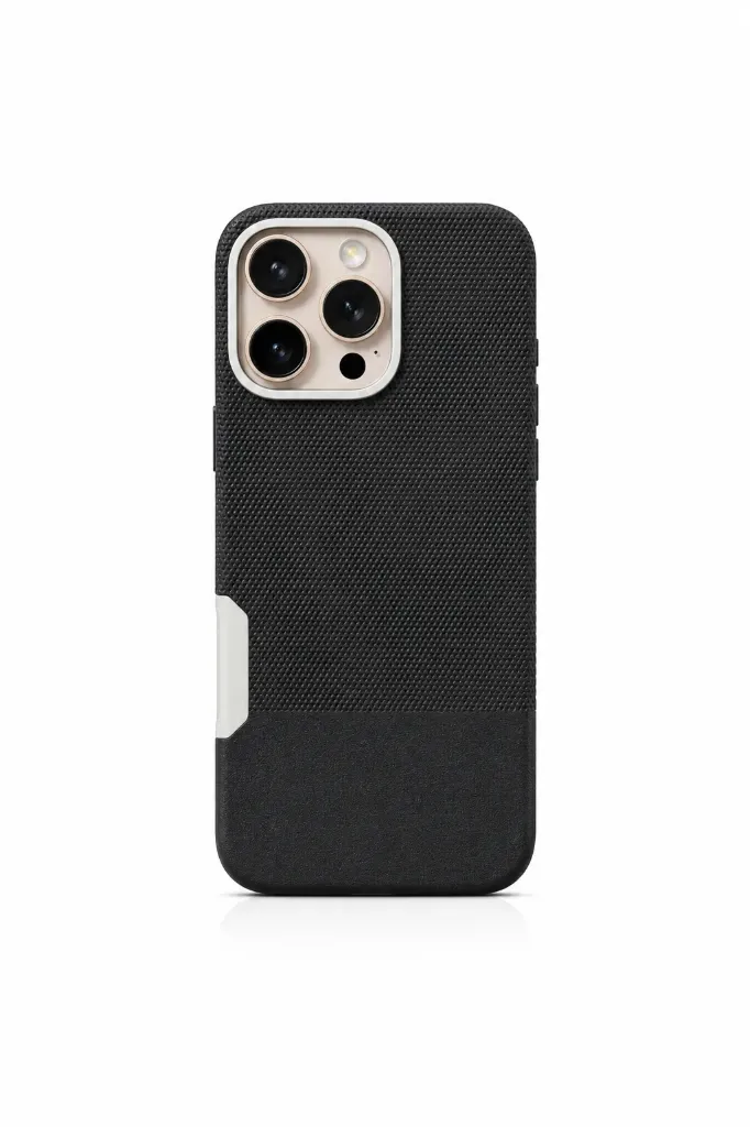 BIGC Dual-Material Black Woven Fabric & Leather MagSafe Cover For iPhone 16 Pro Max - درع موبايل فاخر بمزيج القماش المنسوج والجلد الأسود مع دعم ماك سيف للايفون 16 برو ماكس