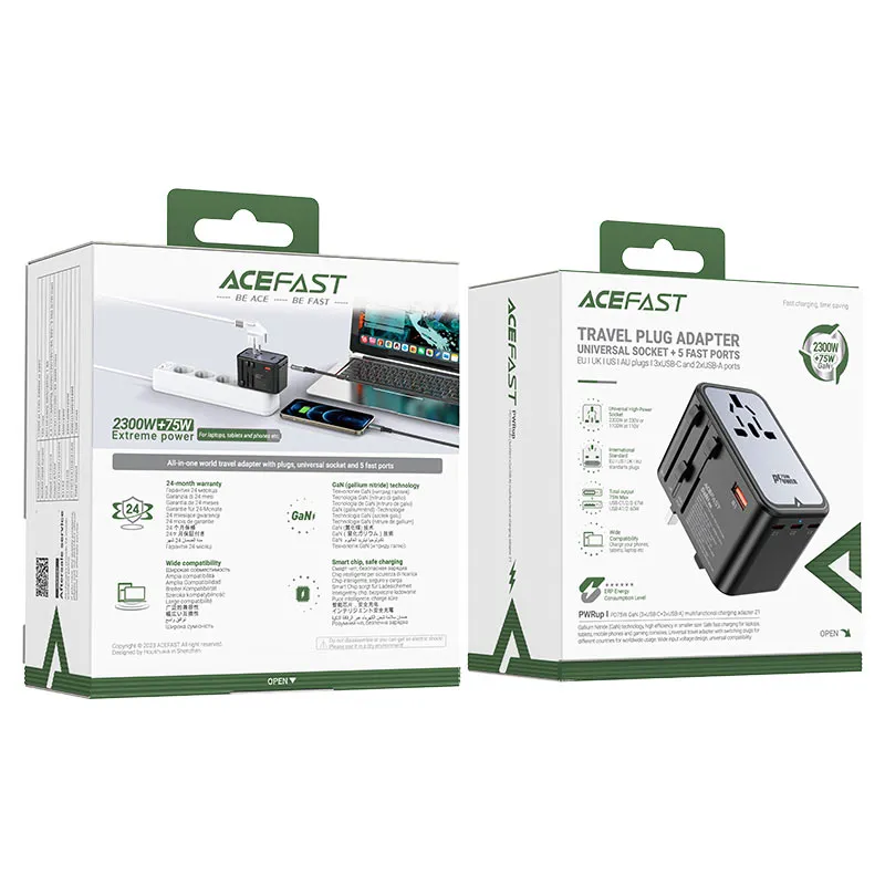 Acefast Z1 GaN 75W PD travel charger adapter 3x USB-C 2x USB-A
