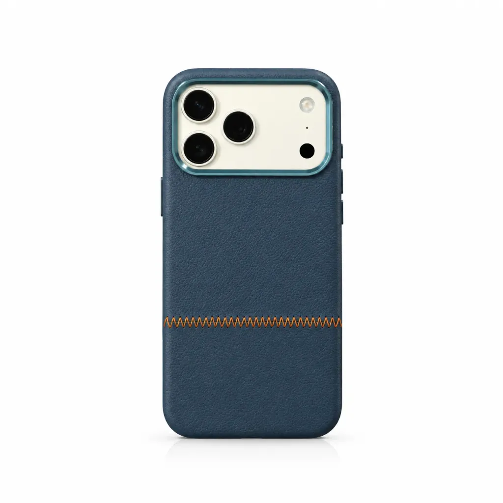 Hand-Stitched Two-Tone Leather Cover with Metallic Camera Ring For iPhone 17 Pro Max - درع موبايل جلدي فاخر بتطريز يدوي وخياطة بارزة مع إطار كاميرا معدني للايفون 17 برو ماكس