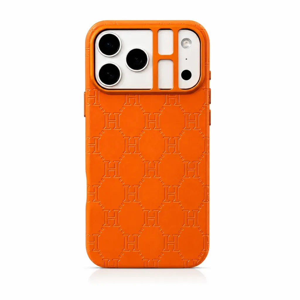 Luxury Embossed H-Monogram Leather Cover with Orange Camera Frame For iPhone 17 Pro Max - درع موبايل جلدي فاخر بنقشة مونوجرام H المحفورة مع إطار كاميرا برتقالي للايفون 17 برو ماكس
