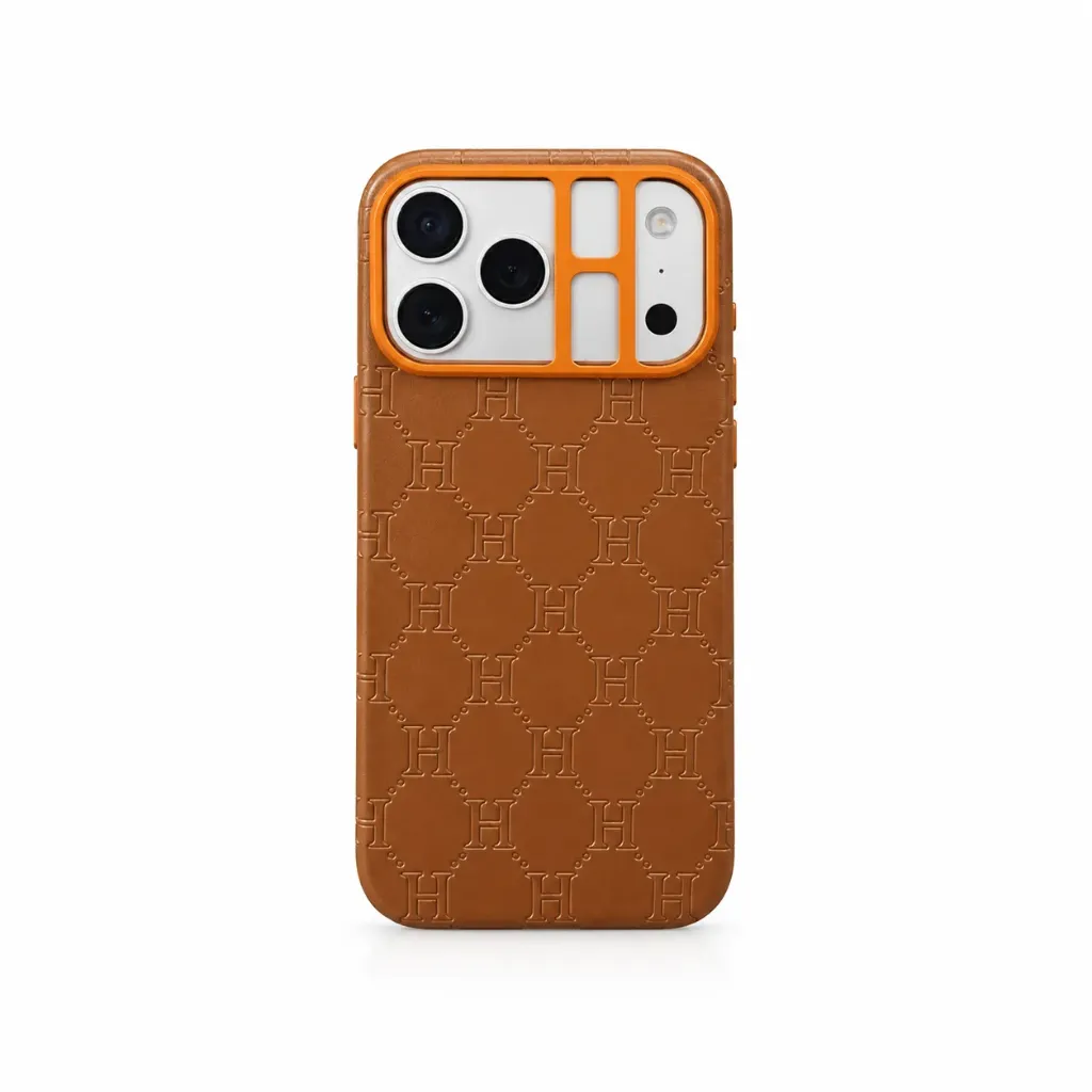 Luxury Embossed H-Monogram Leather Cover with Orange Camera Frame For iPhone 17 Pro Max - درع موبايل جلدي فاخر بنقشة مونوجرام H المحفورة مع إطار كاميرا برتقالي للايفون 17 برو ماكس