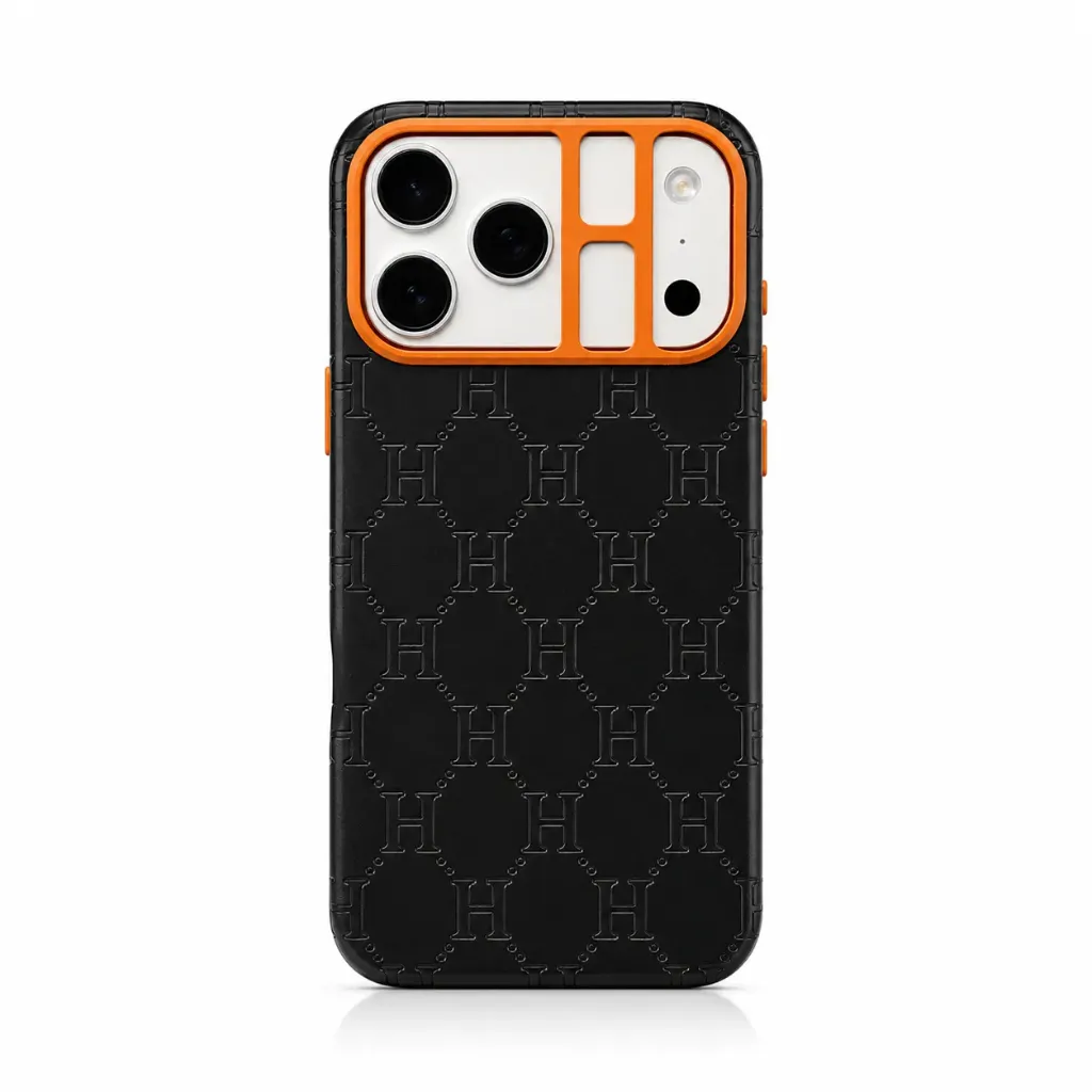 Luxury Embossed H-Monogram Leather Cover with Orange Camera Frame For iPhone 17 Pro Max - درع موبايل جلدي فاخر بنقشة مونوجرام H المحفورة مع إطار كاميرا برتقالي للايفون 17 برو ماكس