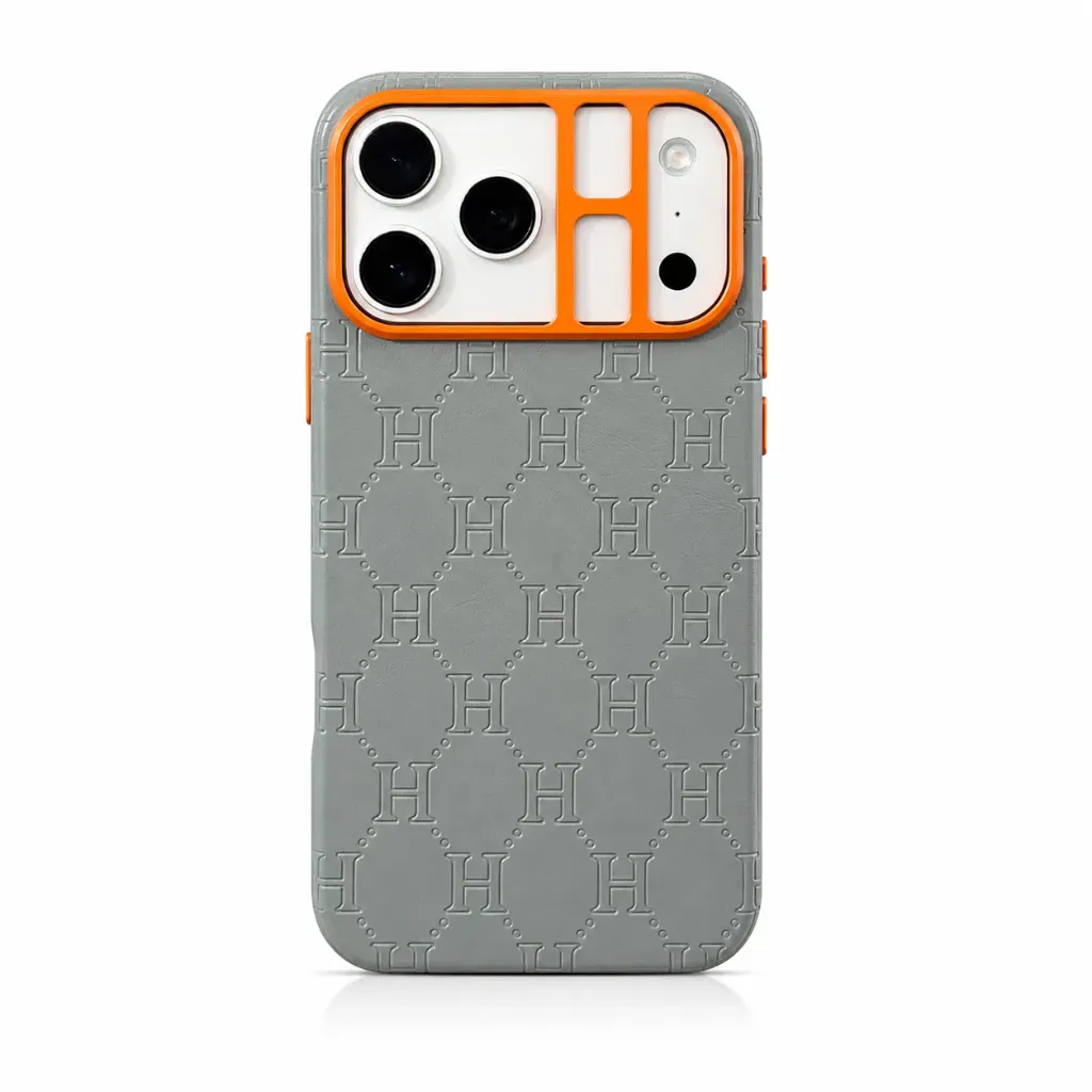 Luxury Embossed H-Monogram Leather Cover with Orange Camera Frame For iPhone 17 Pro Max - درع موبايل جلدي فاخر بنقشة مونوجرام H المحفورة مع إطار كاميرا برتقالي للايفون 17 برو ماكس