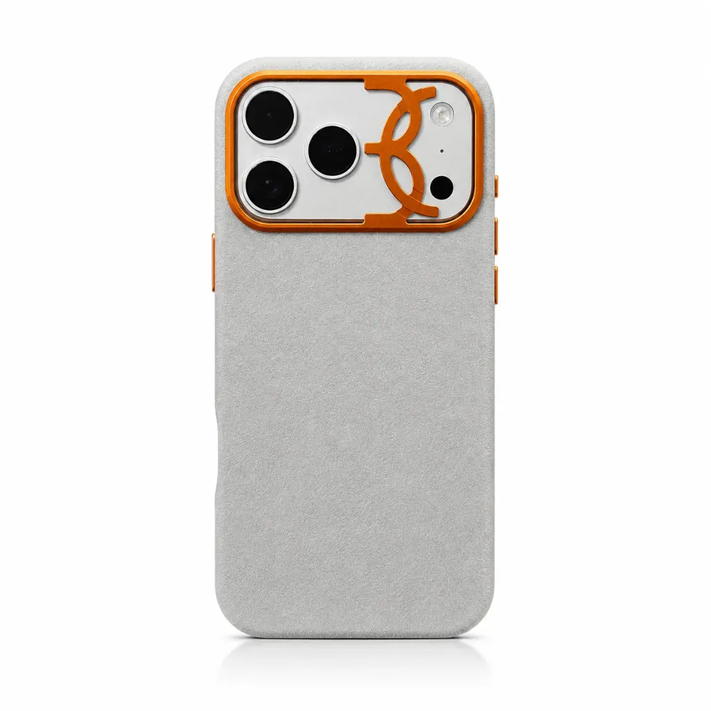 BIGC Premium Suede Leather Cover with Orange Camera Accent For iPhone 17 Pro Max - درع موبايل فاخر بملمس السويد المخملي مع إطار كاميرا برتقالي للايفون 17 برو ماكس