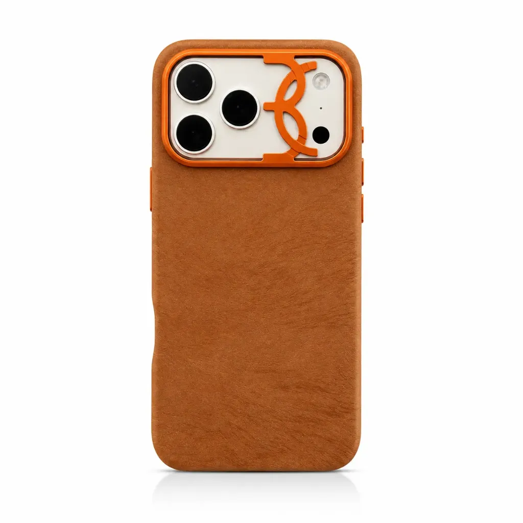 BIGC Premium Suede Leather Cover with Orange Camera Accent For iPhone 17 Pro Max - درع موبايل فاخر بملمس السويد المخملي مع إطار كاميرا برتقالي للايفون 17 برو ماكس