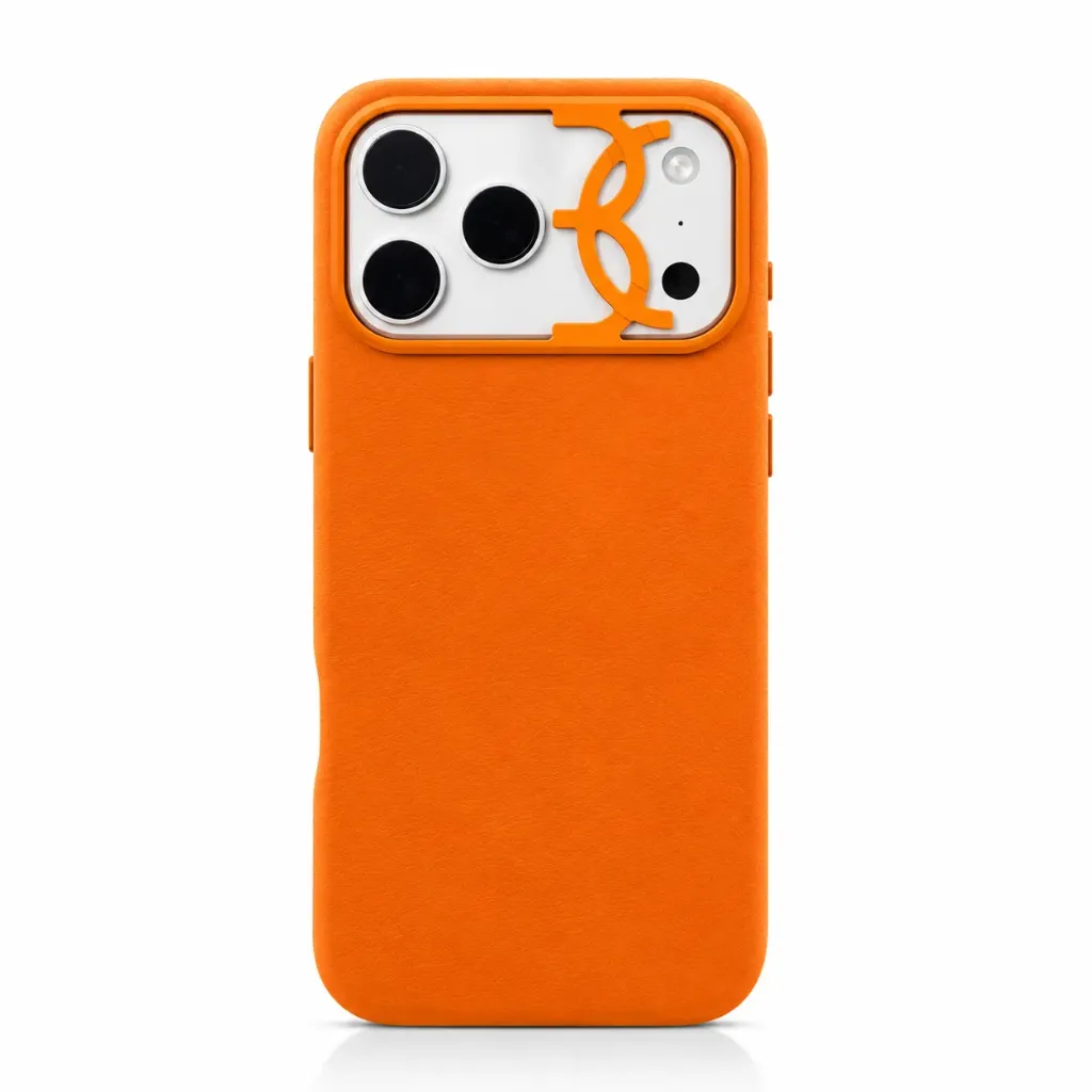 BIGC Premium Suede Leather Cover with Orange Camera Accent For iPhone 17 Pro Max - درع موبايل فاخر بملمس السويد المخملي مع إطار كاميرا برتقالي للايفون 17 برو ماكس