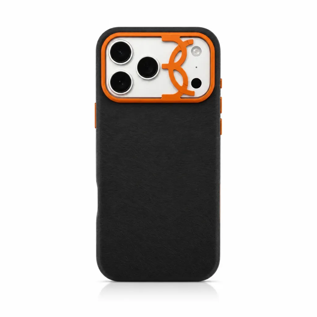 BIGC Premium Suede Leather Cover with Orange Camera Accent For iPhone 17 Pro Max - درع موبايل فاخر بملمس السويد المخملي مع إطار كاميرا برتقالي للايفون 17 برو ماكس