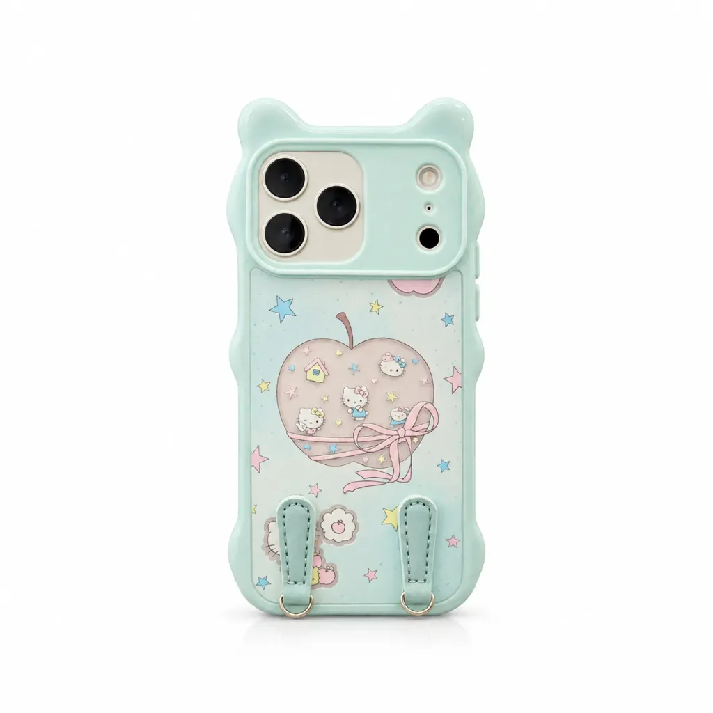 Hello Kitty Cute Character Silicone Cover with Lanyard Rings For iPhone 17 Pro Max - درع موبايل سيليكون بتصميم هيلو كيتي كرتوني مميز وحلقات تعليق للايفون 17 برو ماكس