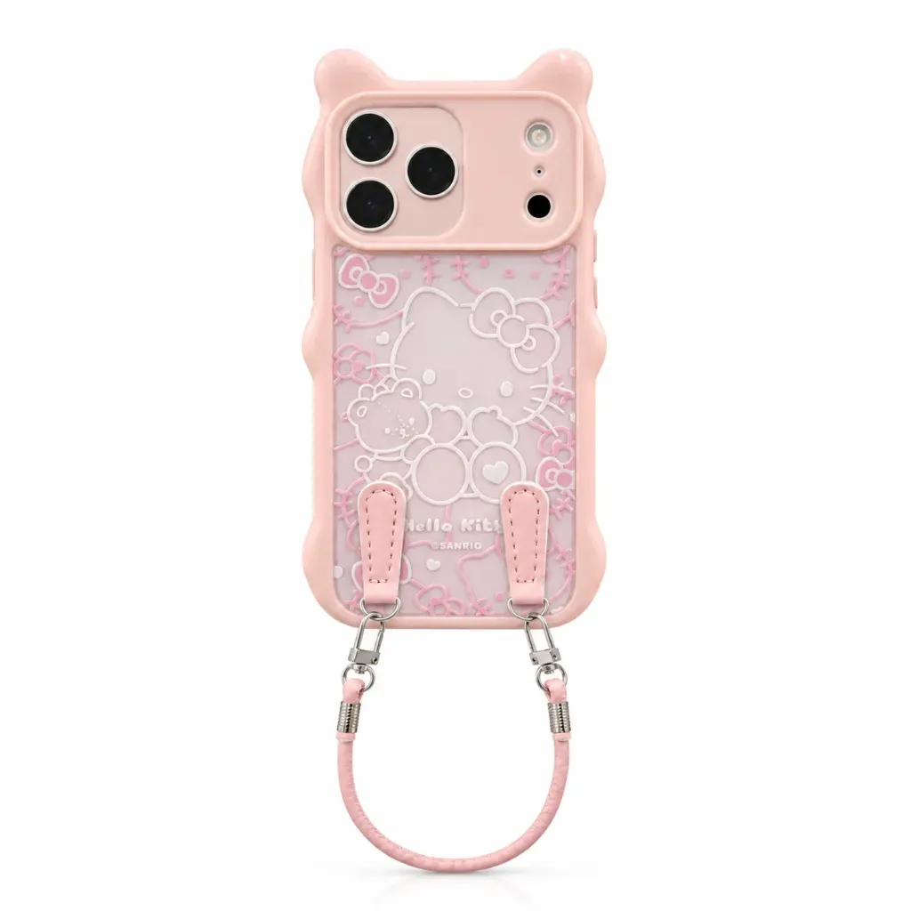 Hello Kitty Cute Character Silicone Cover with Lanyard Rings For iPhone 17 Pro Max - درع موبايل سيليكون بتصميم هيلو كيتي كرتوني مميز وحلقات تعليق للايفون 17 برو ماكس