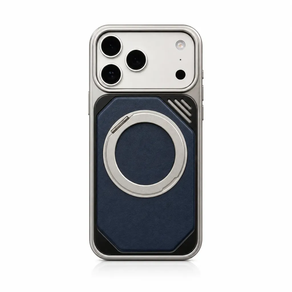 TADAGEE Cyber Armor Leather Hybrid MagSafe Cover with Ring Stand For iPhone 17 Pro Max - درع موبايل تكتيكي بظهر جلدي مع إطار معدني وحامل حلقة ودعم ماك سيف للايفون 17 برو ماكس