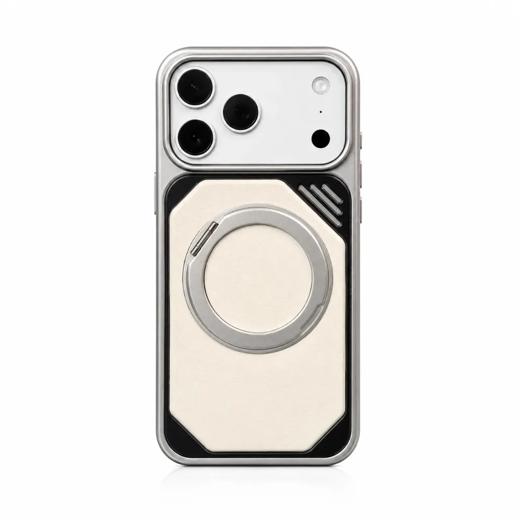 TADAGEE Cyber Armor Leather Hybrid MagSafe Cover with Ring Stand For iPhone 17 Pro Max - درع موبايل تكتيكي بظهر جلدي مع إطار معدني وحامل حلقة ودعم ماك سيف للايفون 17 برو ماكس