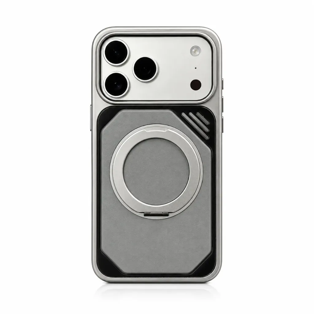TADAGEE Cyber Armor Leather Hybrid MagSafe Cover with Ring Stand For iPhone 17 Pro Max - درع موبايل تكتيكي بظهر جلدي مع إطار معدني وحامل حلقة ودعم ماك سيف للايفون 17 برو ماكس