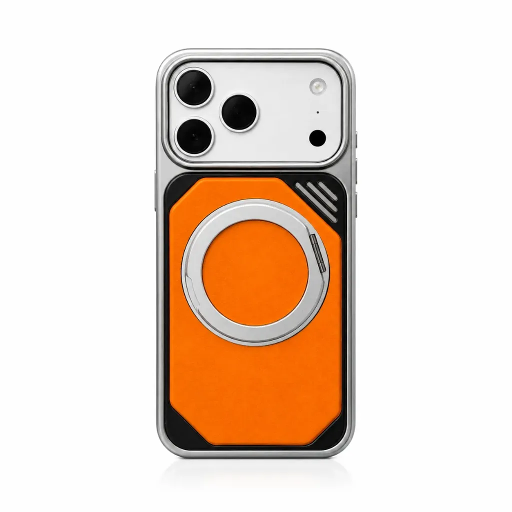 TADAGEE Cyber Armor Leather Hybrid MagSafe Cover with Ring Stand For iPhone 17 Pro Max - درع موبايل تكتيكي بظهر جلدي مع إطار معدني وحامل حلقة ودعم ماك سيف للايفون 17 برو ماكس